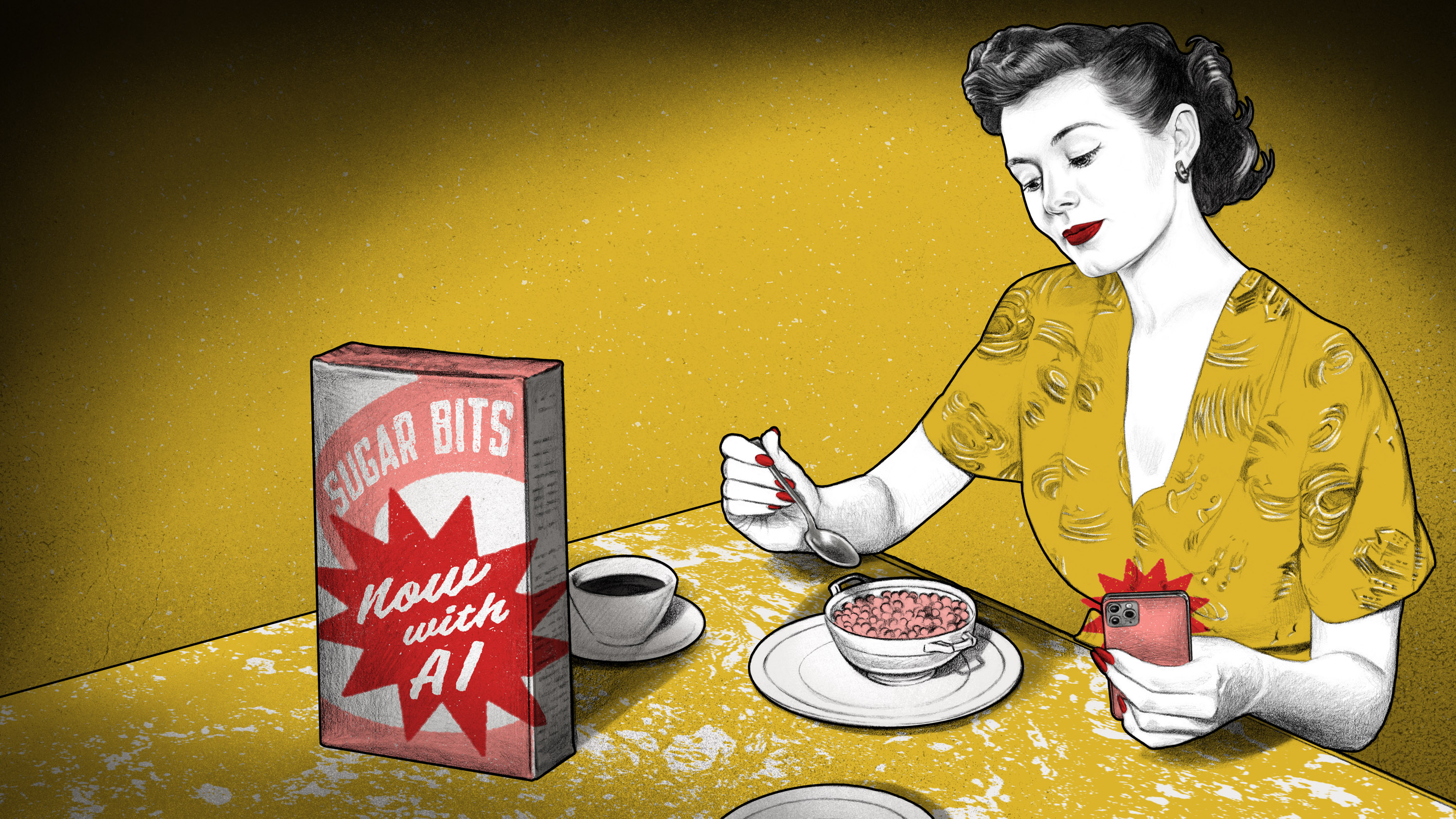 a 1950s style woman sitting at the breakfast table with a cell phone beaming red and a box of cereal that claims with similar red rays to now contain AI.