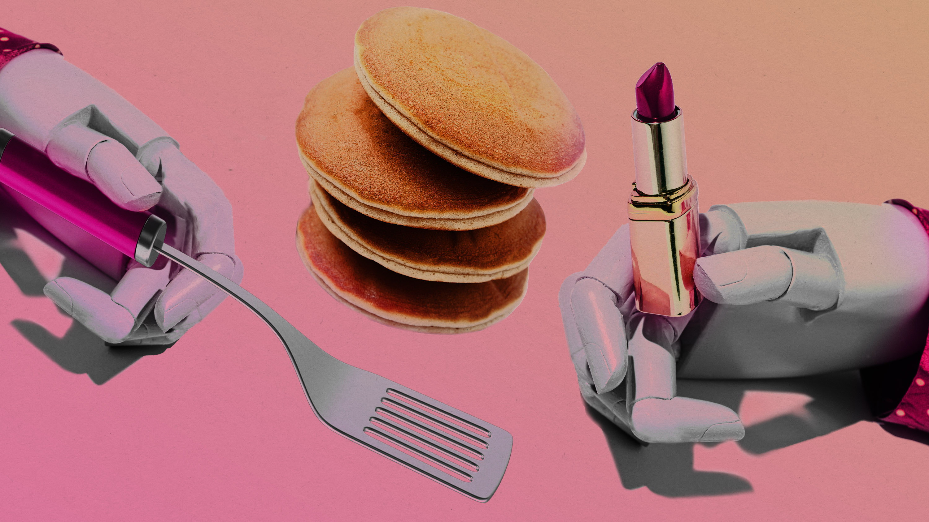 robot hands flipping pancakes and holding a tube of lipstick