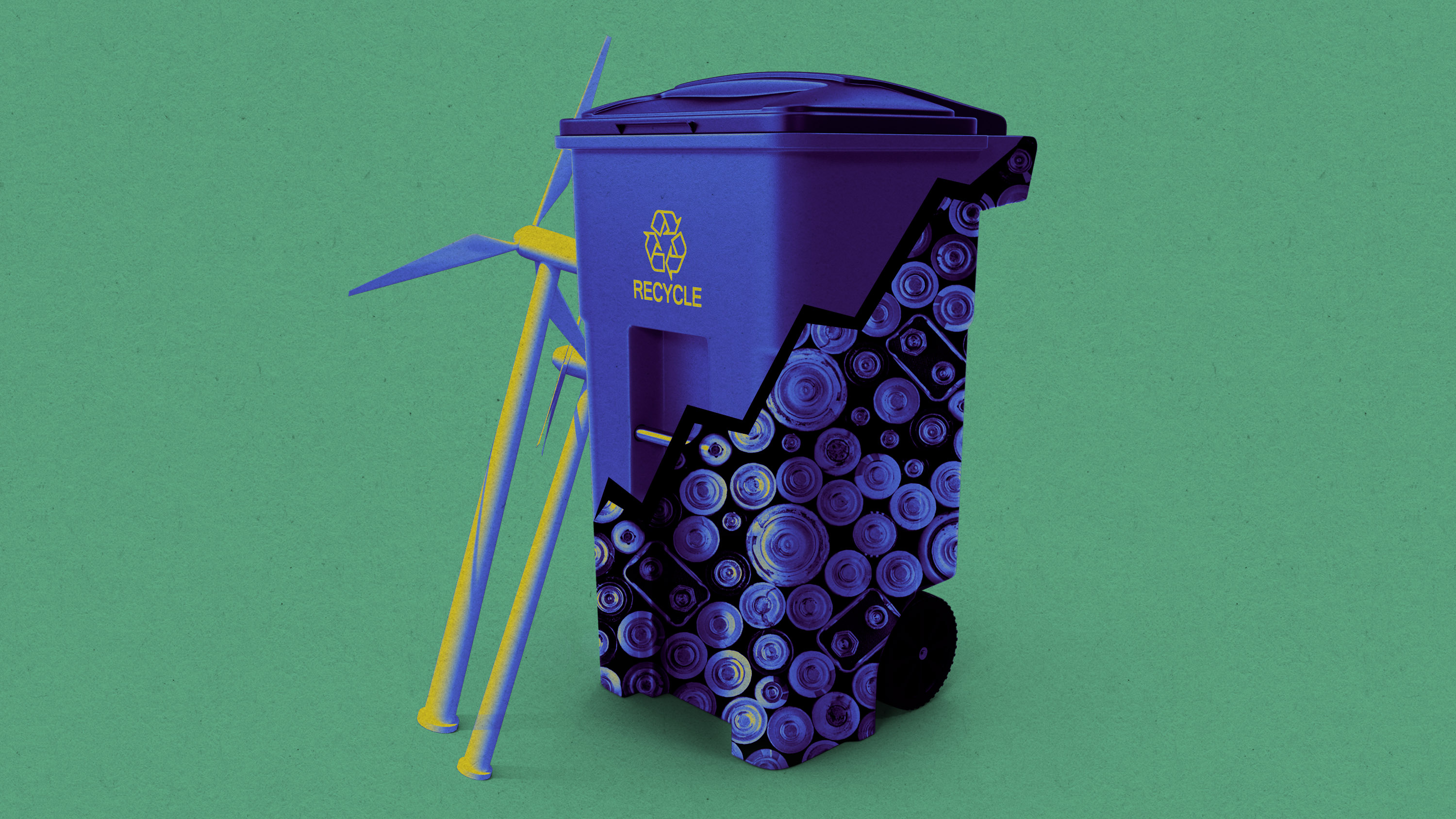 recycling bin partially full of batteries with wind turbines leaning against the side
