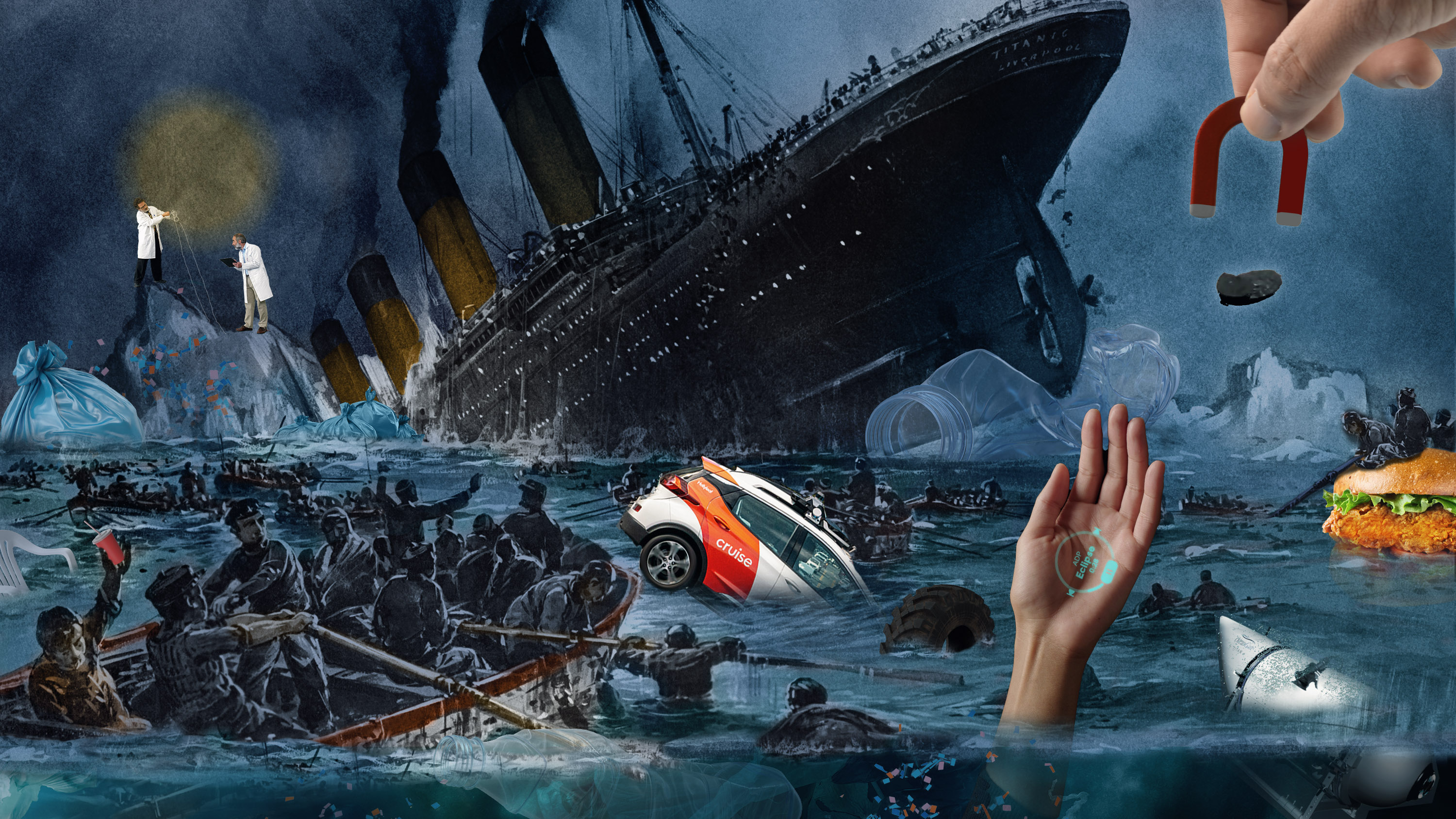 watercolor of the Titanic by Stower with some terrible technologies sinking around it including a Cruise vehicle, a labgrown chicken sandwich, plastic bags and bottles, microplastics and the Titan submersible, and an outstretched hand with a projection from the AI Pin