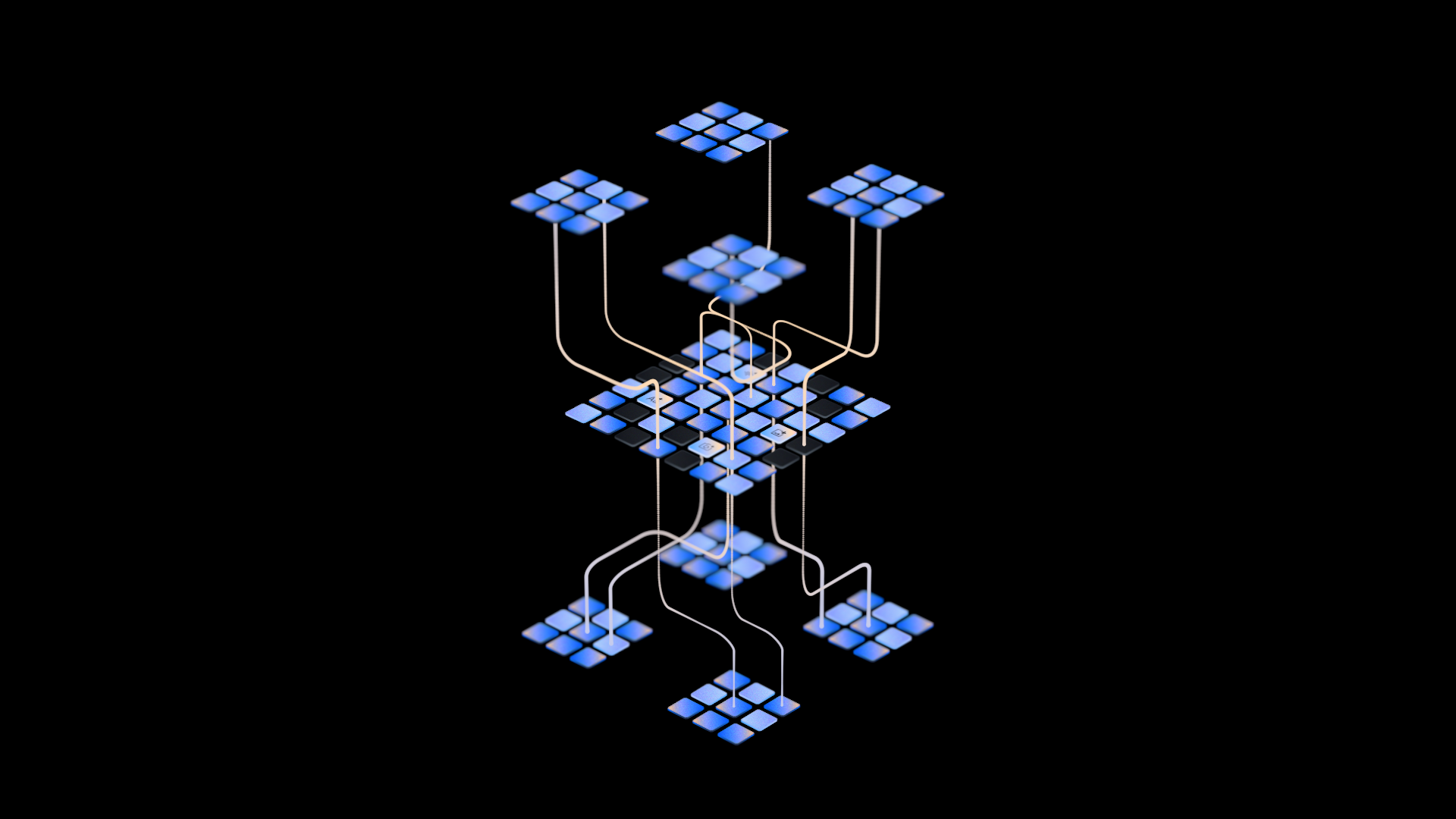representation of a multimodal AI system showing squares linking through an exploded view to a central grid